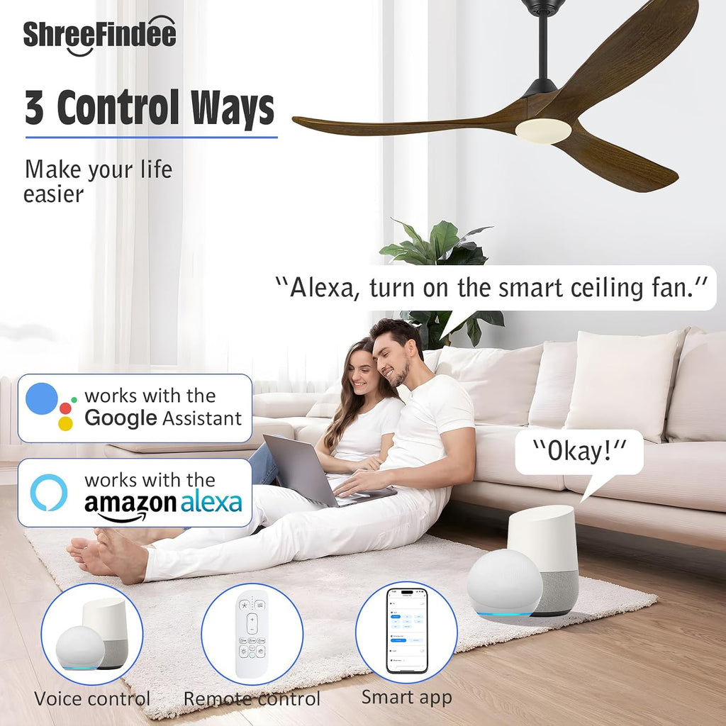 52 Inch Outdoor Ceiling Fan with Light, Smart Ceiling Fan with Alexa/Google Assistant/APP/Remote Control, High CFM Quiet 3 Blade Wood Walnut Fan, Damp Rated for Patios Bedroom Farmhouse Living Room
