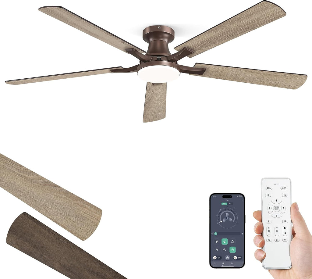 ZMISHIBO 60 Inch Ceiling Fan with Light, App&Remote Control, Flush Mount Low Profile, Dimmable 20W LED Light, Quiet Reversible Motor for Bedroom, Living Room, Apartment, Brown