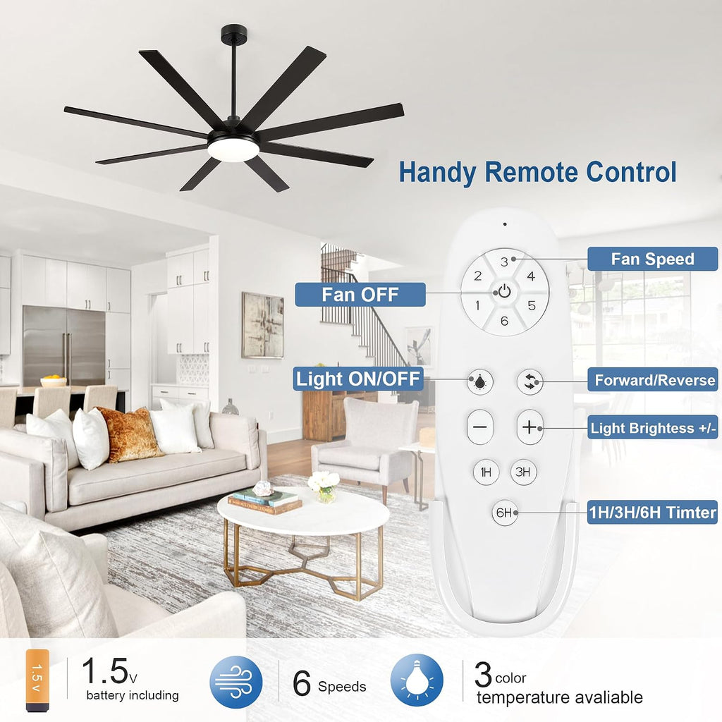 72 Inch Ceiling Fans with Lights - Large Black Ceiling Fan with Light and Remote for Bedroom Living Room Indoor - 6 Speeds Reversible DC Motor, 3 CCT, Timer Remote Control