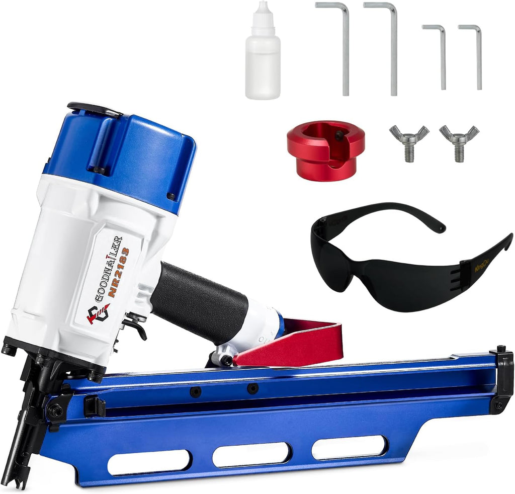 NR2183 Framing Nail Gun 21 Degree Plastic Strip Nailer 2-Inch up to 3-1/4-Inch Plastic Collated Full Head Framing Nailer Aluminum Magazine Light Weight Fast Speed （Navy Blue）