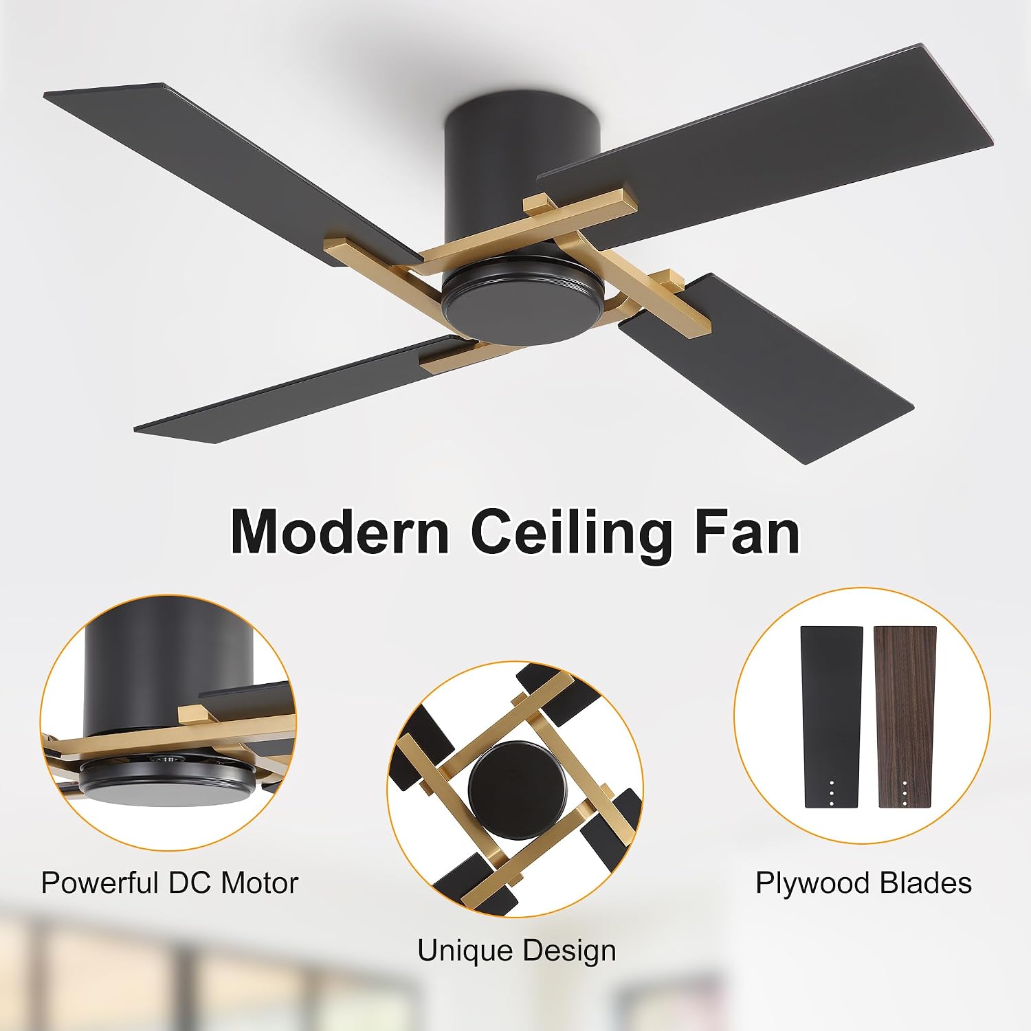WINGBO 48 Inch Flush Mount Ceiling Fan without Light - 4 Plywood Blades, 6-Speed Reversible DC Motor, Noiseless Low Profile Ceiling Fan No Light for Bedroom Living Room, Gold and Black/Walnut