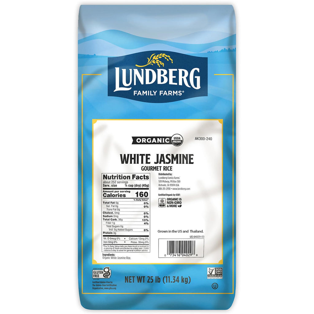 Lundberg Organic Jasmine White Rice – Long-Grain, Fluffy & Aromatic, Responsibly Grown in California, 25 Lbs