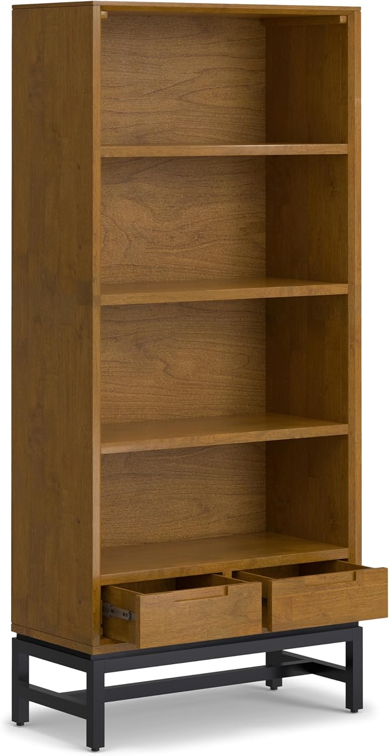 SIMPLIHOME Banting Desk and Bookcase Bundle - 60 inch Wide Solid Wood Desk with Drawers and 30 inch Wide 4-Shelf Bookcase in Medium Saddle Brown, Modern Industrial Home Office Furniture (Set of 2)