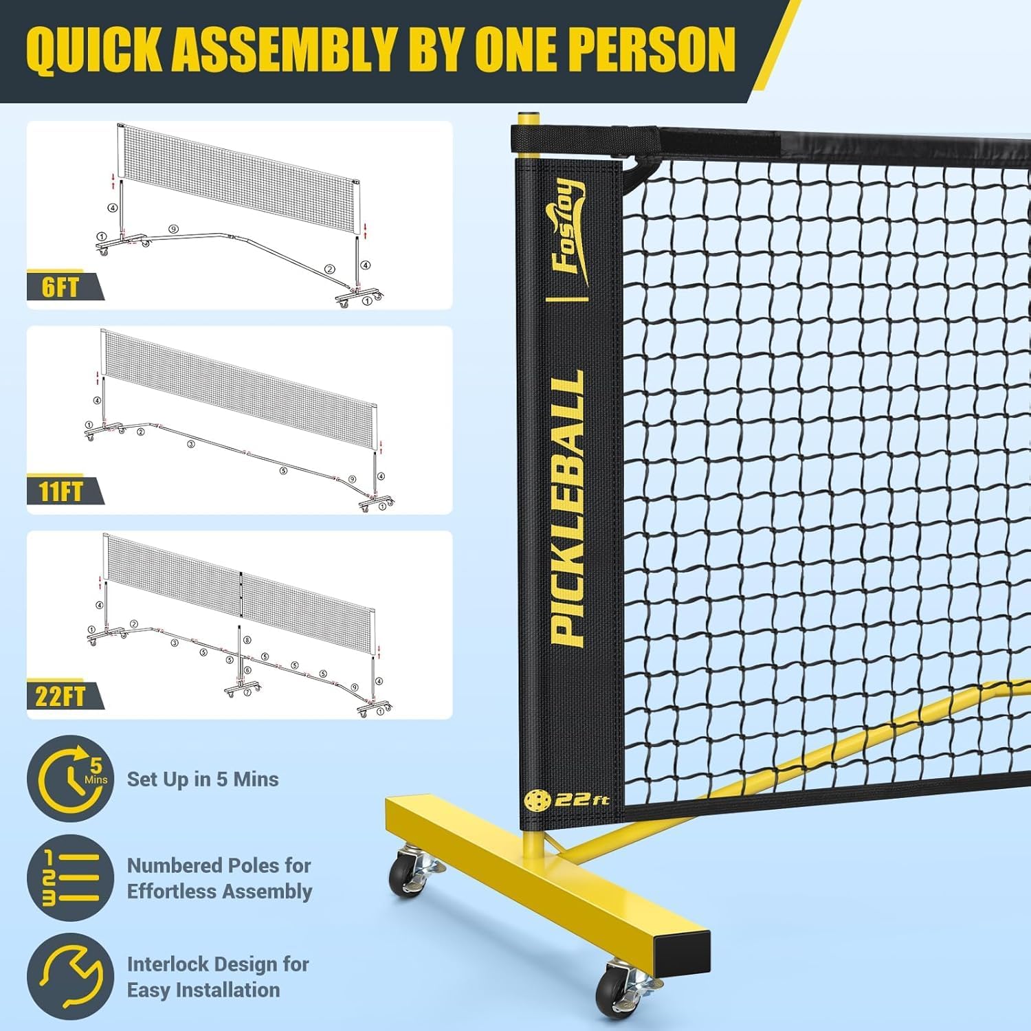 Pickleball Set Net with 4 Paddles, 6FT/11FT/22FT Portable 3-in-1 Pickle Ball Net with Carry Bag, Pickleballs, Designed for All Weather Conditions