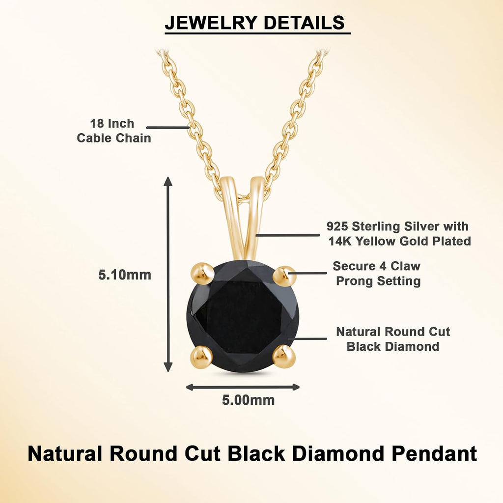 DEWBERRY 1/4 cttw to 2.00 cttw Round Black Diamond Solitaire Pendant Necklace for Women Men | 4 Prong Lobster Lock 18' Cable Chain Necklace in 14KT White or Yellow Gold Plating 925 Silver Pendant