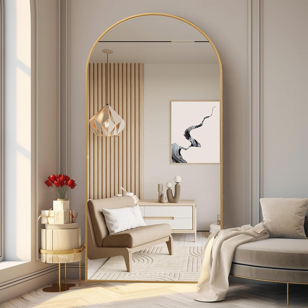 ZHUNFA Arched Full Length Mirror, 71x32 Oversized Floor Mirror with Stand | Gold Large Mirror Full Length, Aluminum Full Body Dressing Mirrors with Arched-Top, Leaning for Living Room, Bedroom