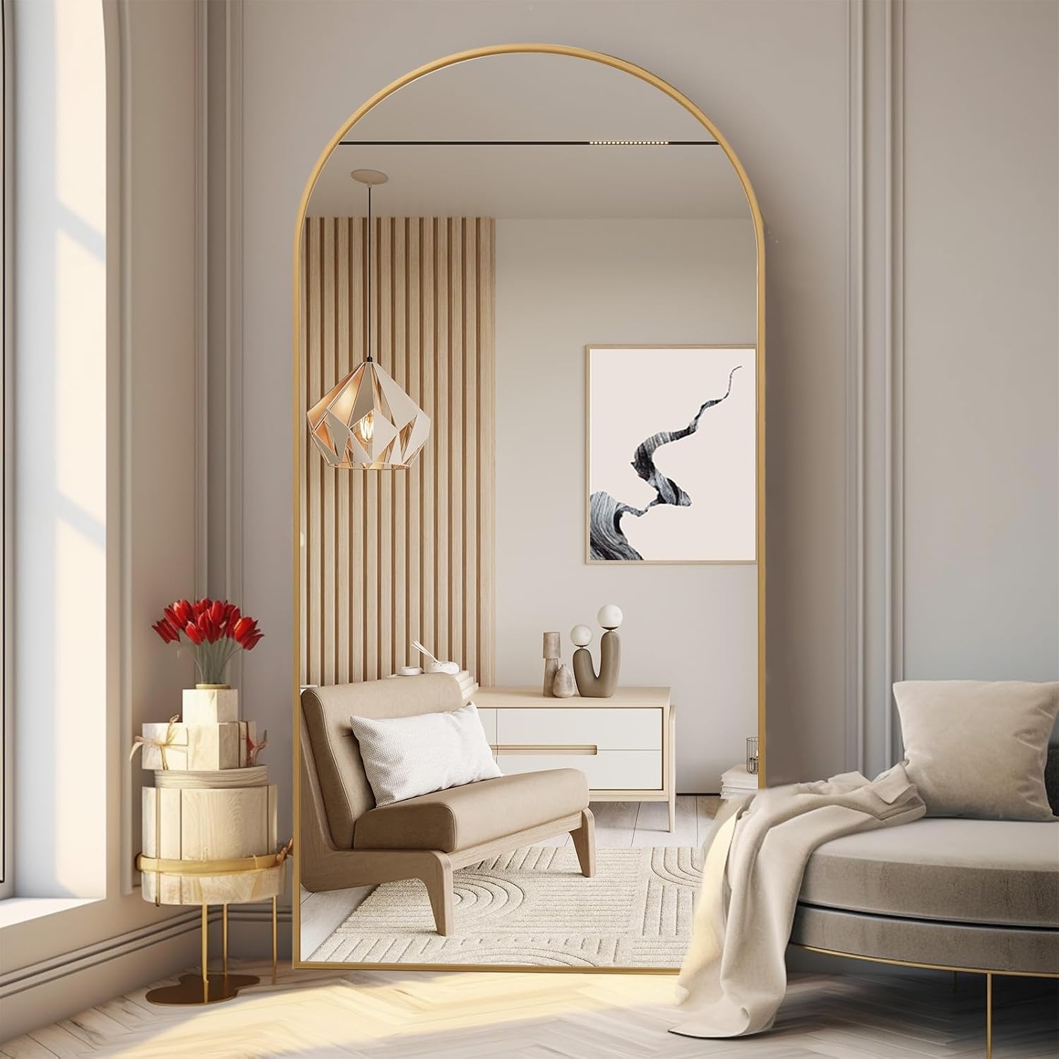 ZHUNFA Arched Full Length Mirror, 71x32 Oversized Floor Mirror with Stand | Gold Large Mirror Full Length, Aluminum Full Body Dressing Mirrors with Arched-Top, Leaning for Living Room, Bedroom