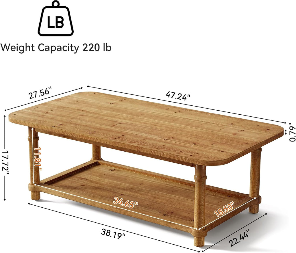 47' Rectangle Coffee Table, Solid Wood Center Table with 2-Tier Storage, Modern Farmhouse Coffee Furniture for Living Room, Home & Family Room, Light Brown