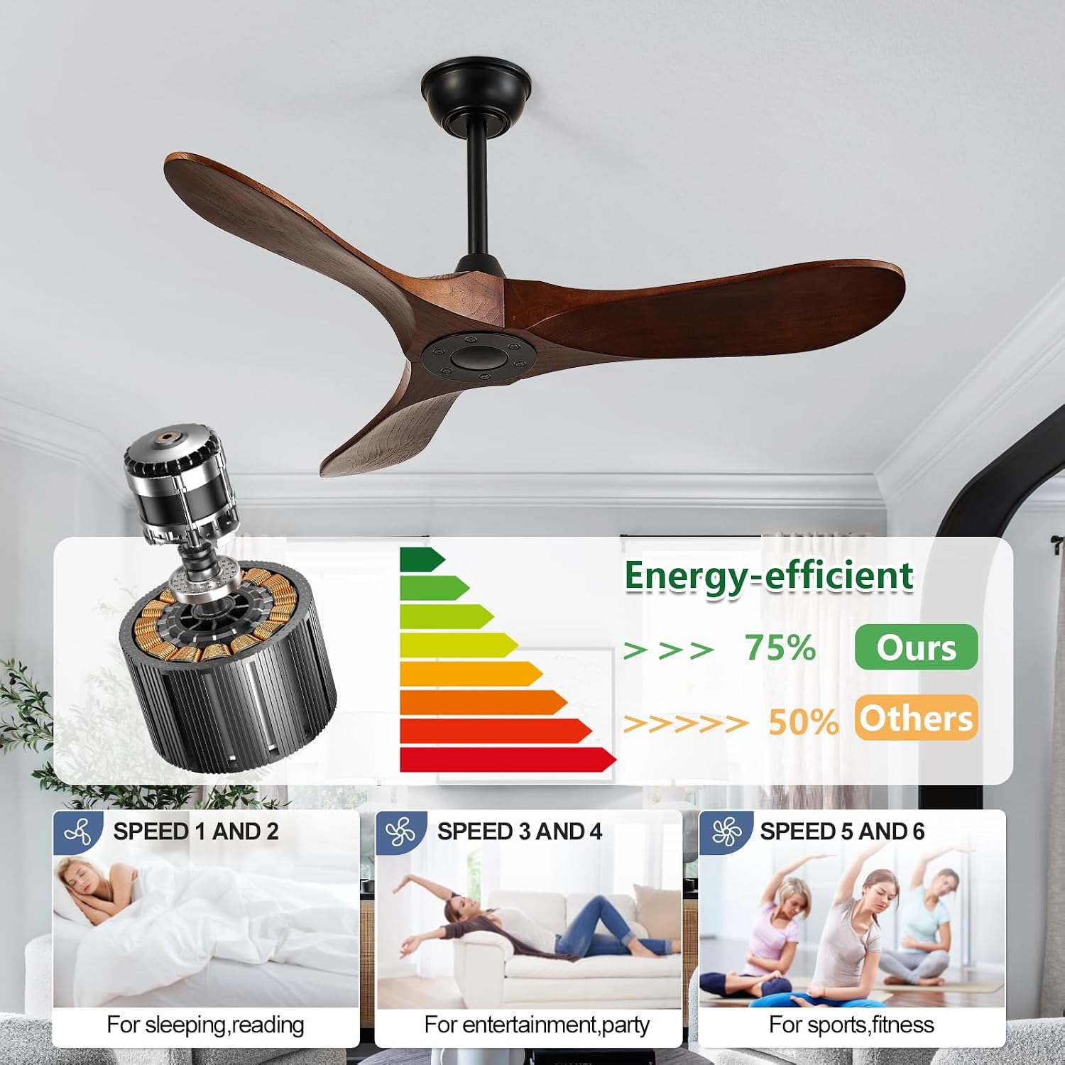 42-Inch Wood Ceiling Fan without Light,Quiet and Large Airflow,Speed Memory,2 Down Rods,Small Ceiling Fan for Bedroom,Patios,Garage (Dark Walnut, 42 inch)