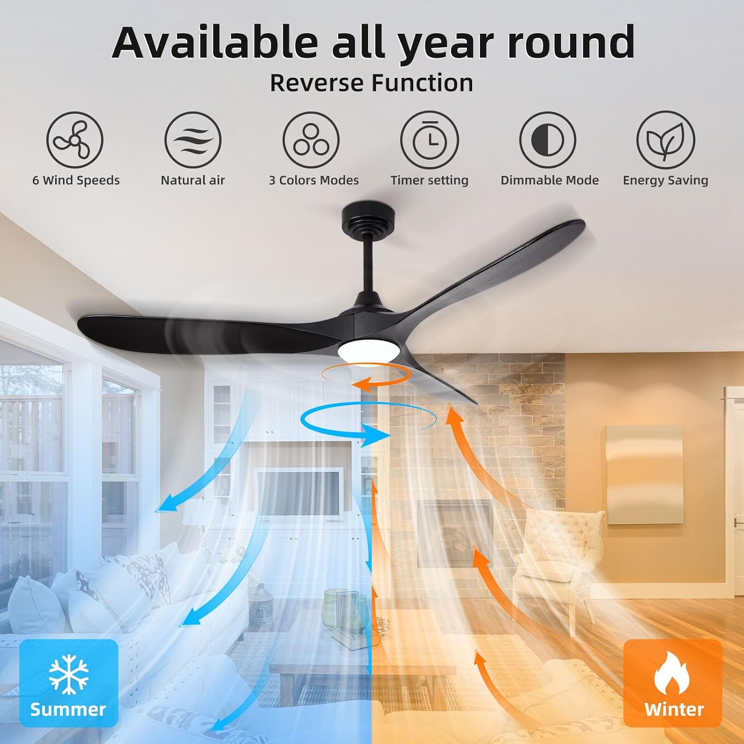 60' Outdoor Ceiling Fan with Light 3 Downrods, Smart Wood Ceiling Fan Compatible with Alexa/Google/App, 3 Blades Modern Black Wood Ceiling Fans for Kitchen Living Room Patio
