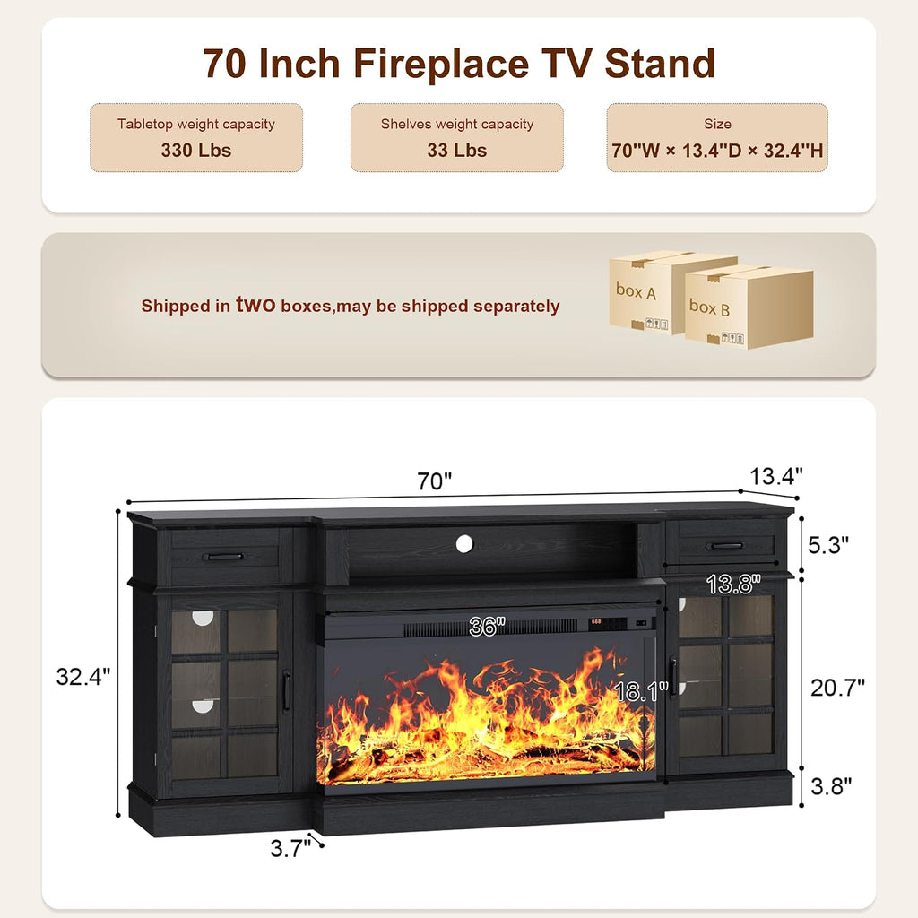 MXV 70' Fireplace TV Stand, 3-Sided Glass Fireplace and Modern Entertainment Center, Wooden Media Console with Glass Doors & Storage Drawers, LED Light, for Living Room, Black