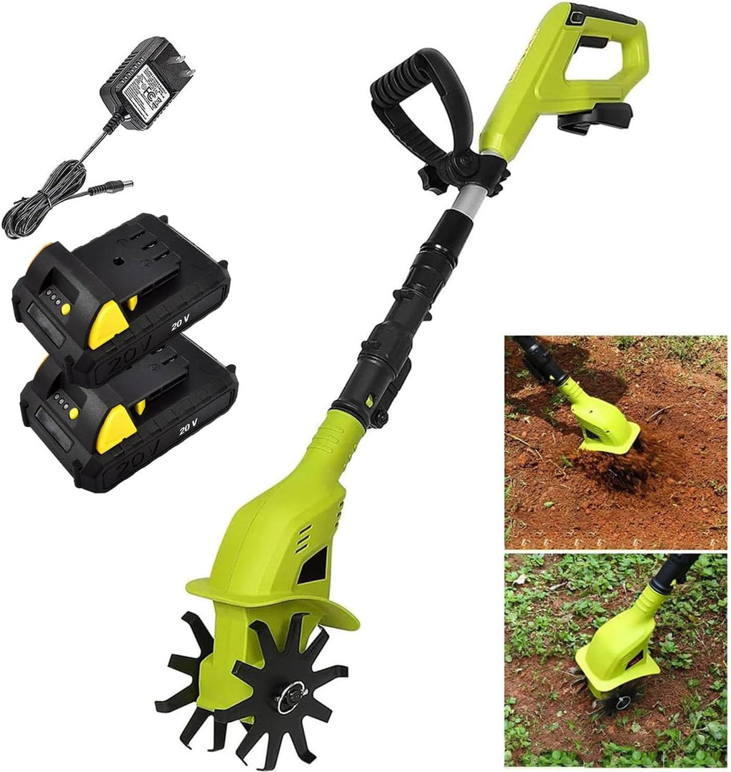 Cordless Electric Tiller Cultivator, 20V 250RPM Battery Garden Tiller, Adjustable Grip Length 3.18-4.16ft, Portable Soil Tiller Rotavator for The Garden, Vegetable Plots,2batteries