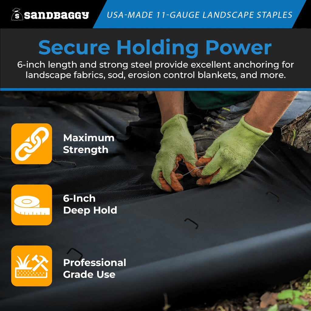 Sandbaggy USA Made 6-inch Landscape Staples - Garden Stakes - Landscaping Fabric, Netting, Sod, Artificial Turf (Standard, 1000)