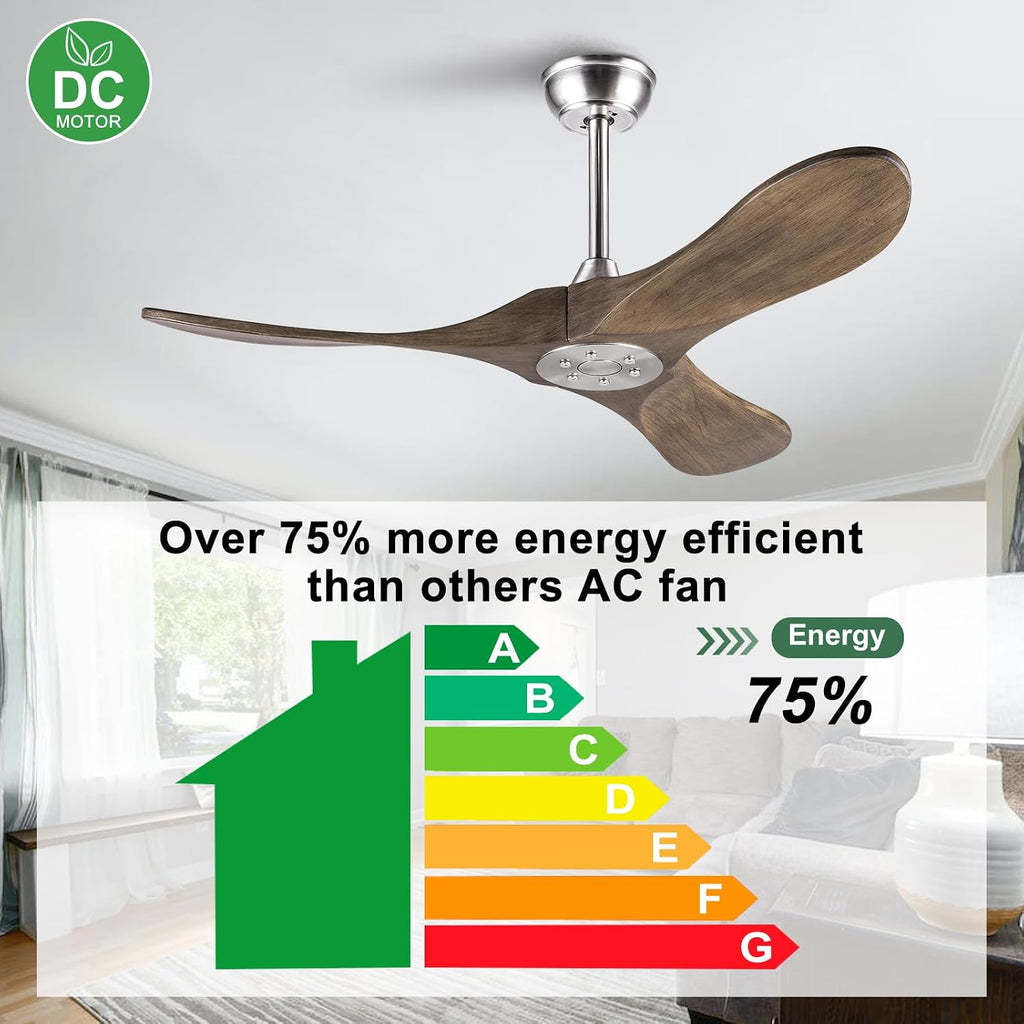 42 Inch Solid Wood Ceiling Fan with Remote,Outdoor Ceiling Fan no Light,6 Speeds,Noiseless,Reversible DC Motor,Modern Ceiling Fans without Lights for Bedroom Farmhouse Patios Study Brushed Nickel