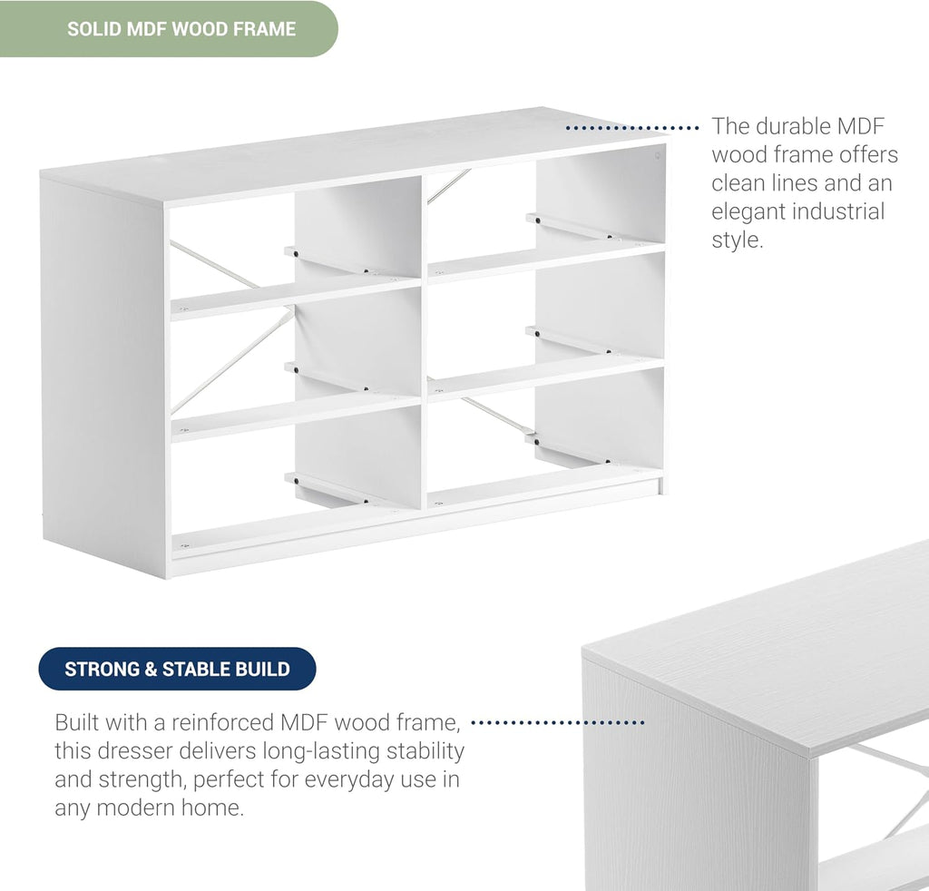 Modern 6-Drawer Dresser with Spacious Storage, Sturdy Wood Frame, Large Capacity Fabric Drawers, Dressers for Bedroom, Home Organization Storage for Living Room or Hallway, White