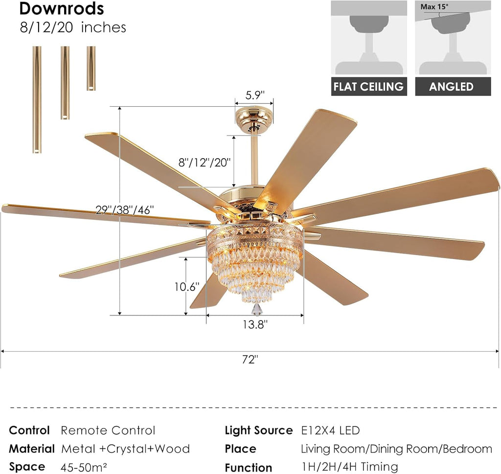 72 Inch Golden Crystal Ceiling Fan Fandelier with Lights,Large Modern Luxury Chandelier Ceiling Fans with Remote Control，Retro/Farmhouse Ceiling Fan with Light Fixture For Dining Room,Living Room