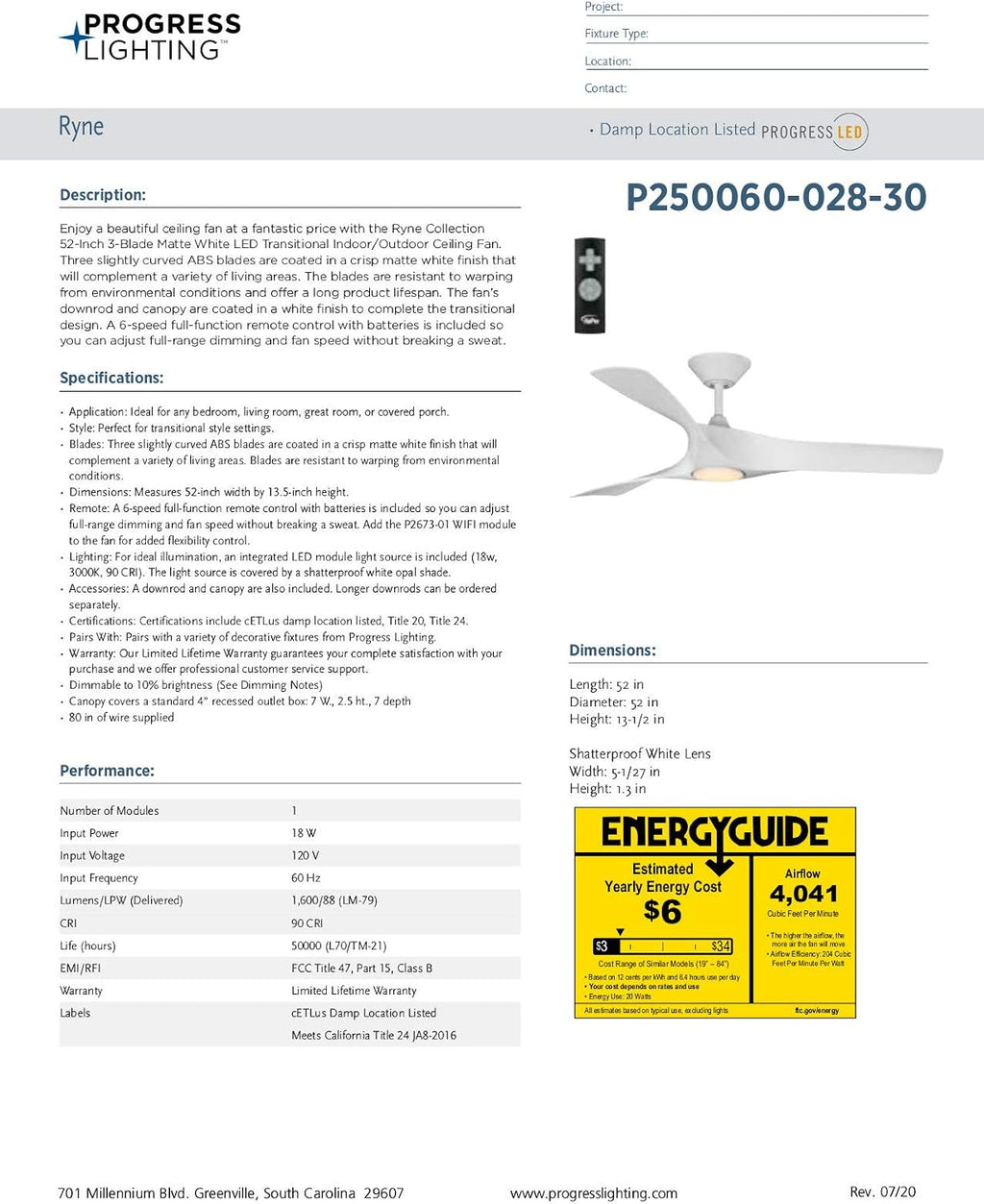 Ryne Collection 52-Inch 3-Blade Matte White LED DC Motor Transitional Indoor/Outdoor Ceiling Fan