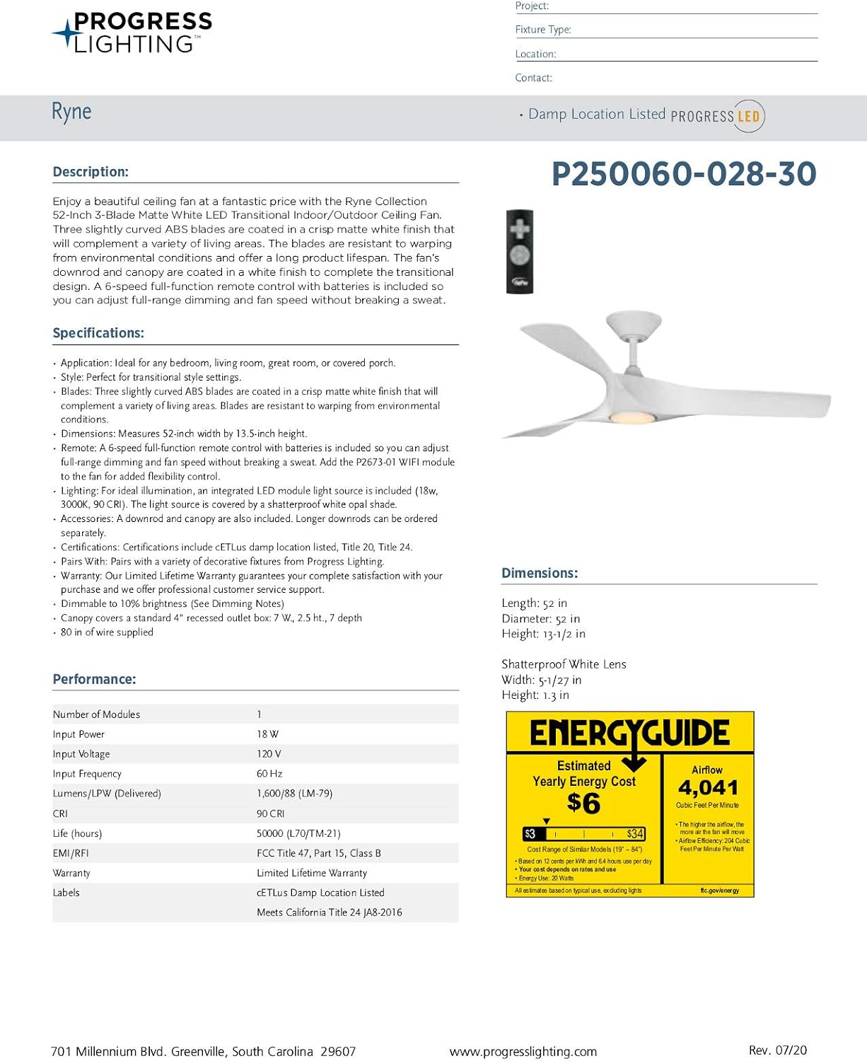 Ryne Collection 52-Inch 3-Blade Matte White LED DC Motor Transitional Indoor/Outdoor Ceiling Fan