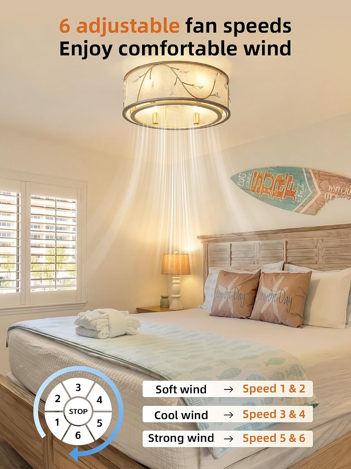 Gold Flush Mount Crystal Ceiling Fan with Lights, 20' Caged Retro Ceiling Fans Remote Control, Bladeless 6 Speeds for Living Room, Bedroom, Nursery (Including 6 E12 Bulb)