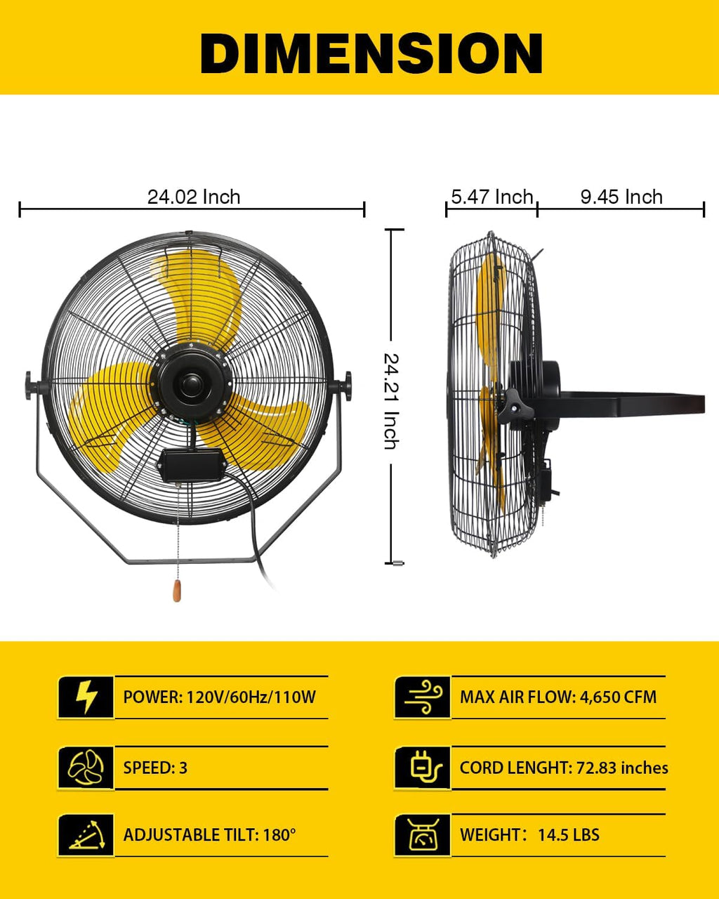 VENTISOL 20 Inch Waterproof Wall Mount Fan, Barn Fan with Sealed Motor 3-Speeds 4650 CFM Heavy Duty for Home, Workshop, Industrial, Barn, Greenhouse, ETL Listed