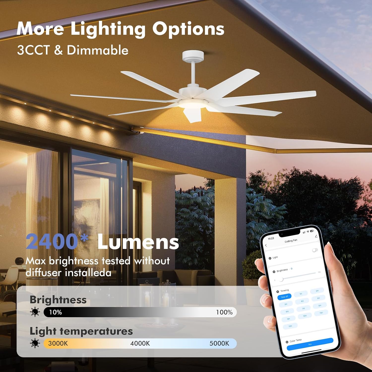 Smart Outdoor Ceiling Fan for patio with Lights Wet Rated, 65 inch High CFM Modern White Ceiling Fan with Alexa/Remote/App Control, Waterproof outdoor Fan for Living Room Exterior Porch Gazebo Garage