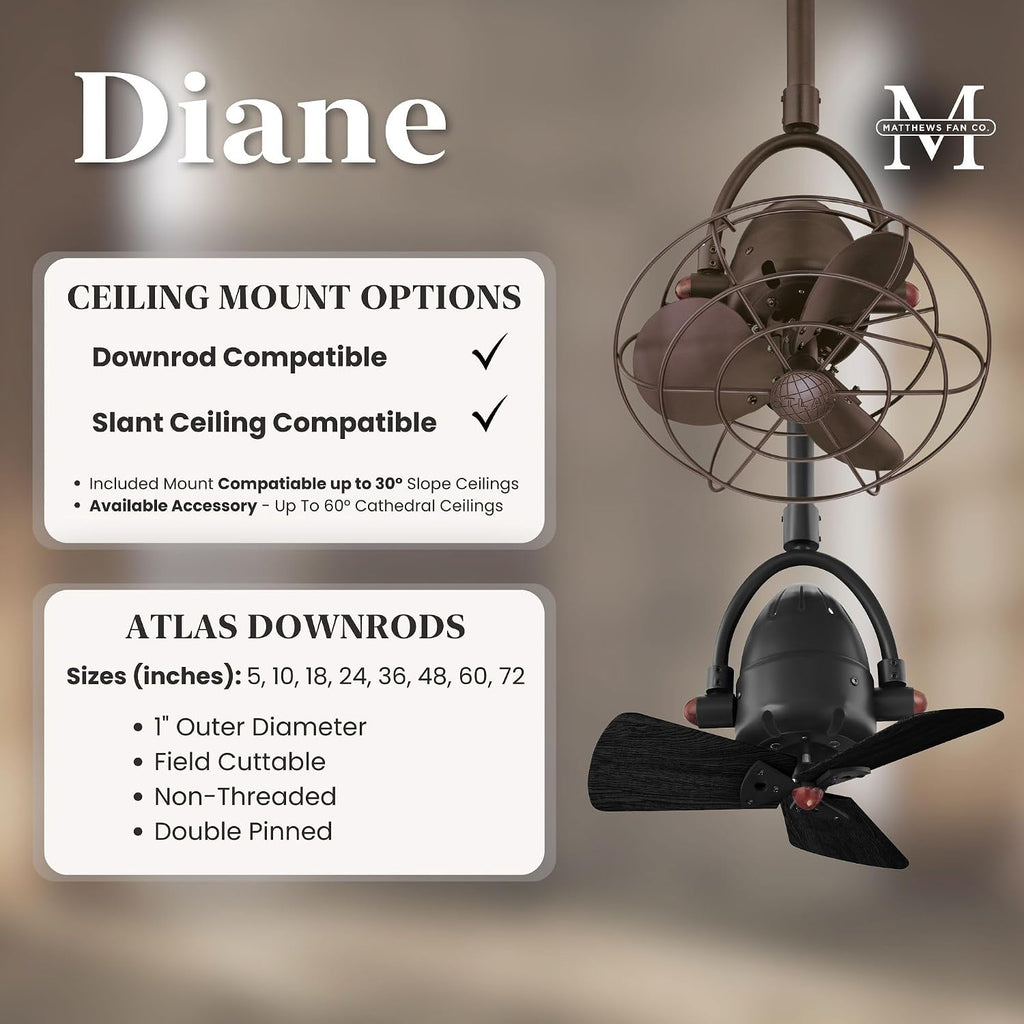 Matthews DI-BK-MTL Diane Damp Rated 90° Oscillating 13' Metal Directional Ceiling Fan with Remote, Best for Small, Awkward Spaces or in Front of HVAC Ducts, Matte Black