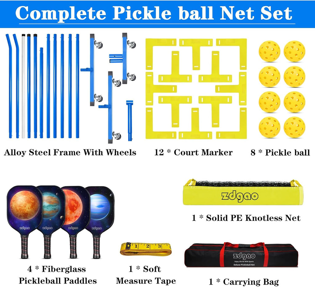Zdgao Portable Pickleball Net with 4 Paddles Set for Indoor & Outdoor | 22 FT Regulation Size Net, Weather-Resistant Steel Frame, Outdoor Pickle balls, Easy Setup for Driveway, Backyard
