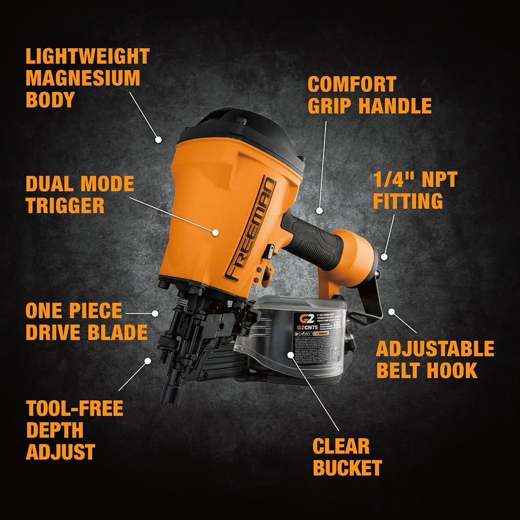 Freeman 2nd Generation Pneumatic 15° 3' Coil Framing Nailer | G2CN75 | Framing, Truss Construction, Sheathing, Subfloors, Decks, Roof Decking, Siding, Wood Fencing, Crate and Pallet Assembly