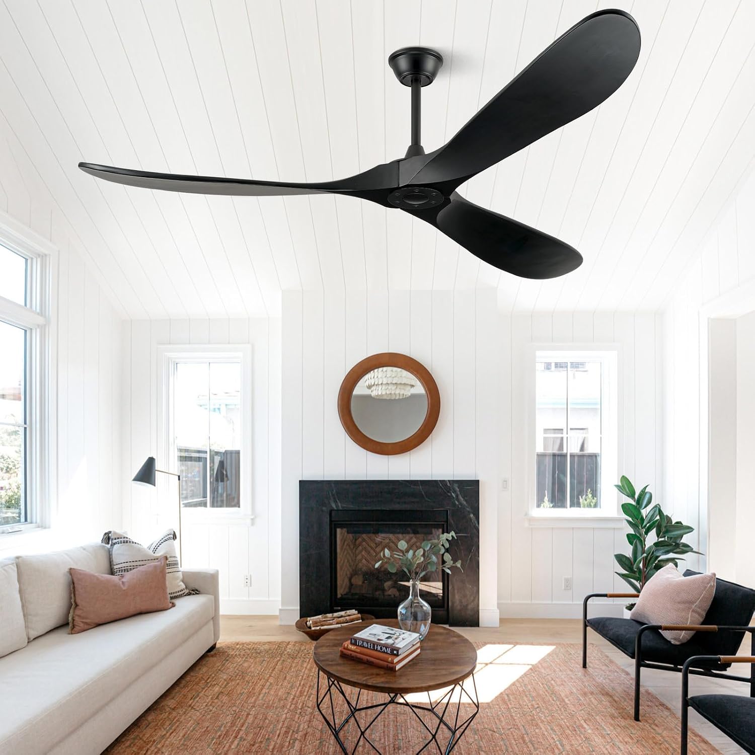 ABZ 72 Inch Ceiling Fans without Lights, Large Ceiling Fans no Lights with Remote Control, 3 Blade Solid Wood Indoor Black Outdoor Ceiling Fan for Patios Living Room Bedroom