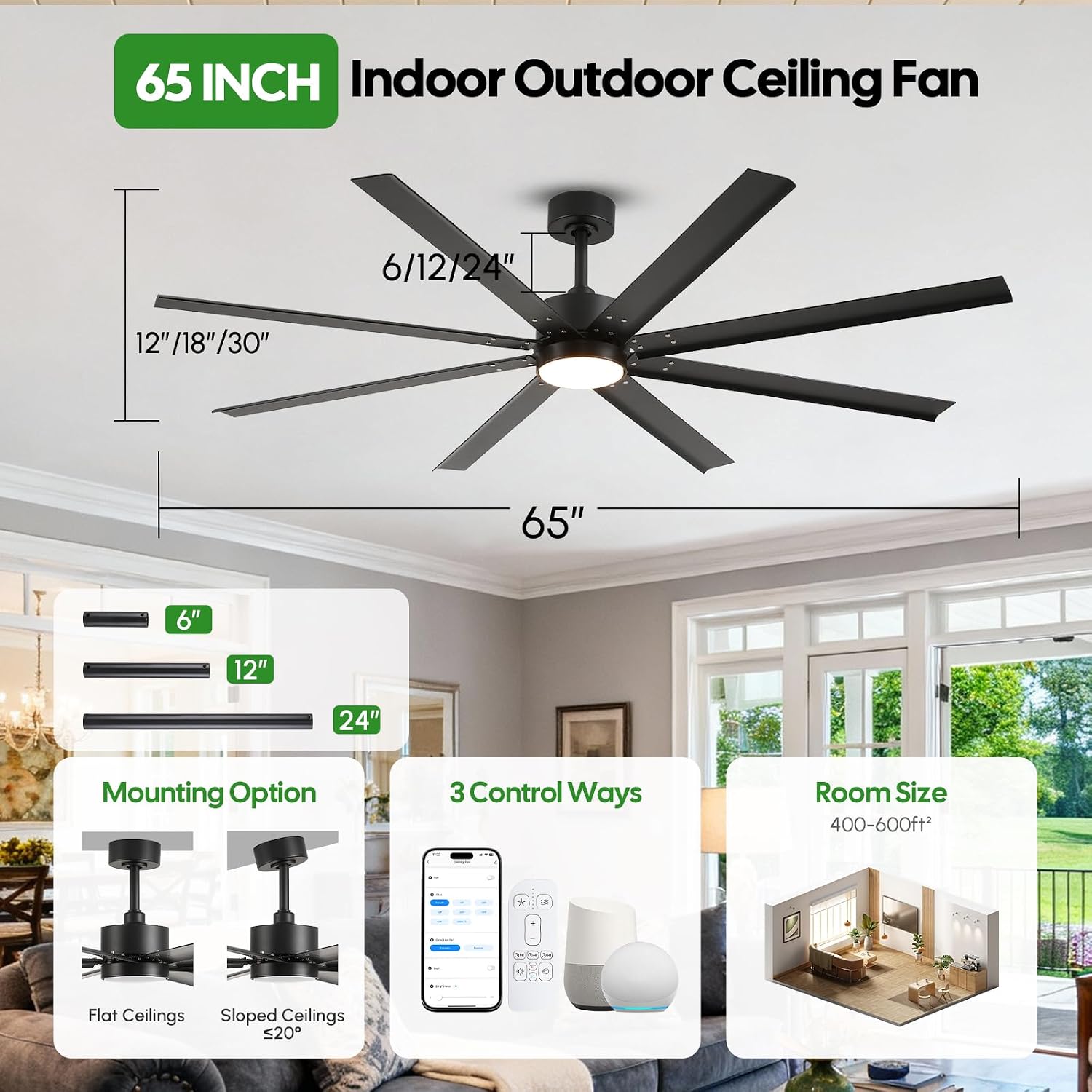 65 Inch All-Weather Outdoor Ceiling Fan with Light and Remote, IP65 Wet Rated, High CFM, 8 Large Black Waterproof Aluminum Blades, Energy Efficient Quiet DC Motor for Patio, Porch, Pergola, Garage