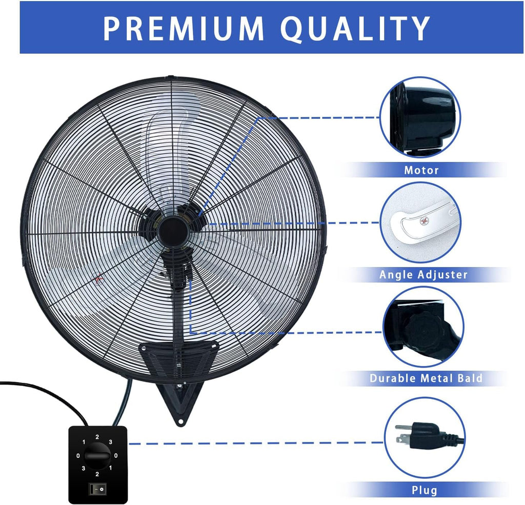 30' Wall Mount Fan, 9500CFM Heavy Duty Wall Fan with 3-Speed & Adjustable Tilt, 30 Inch High Velocity Industrial Oscillating Fans for Garage, Factory, Patio, Indoor, Porch, Shop & Commercial Use