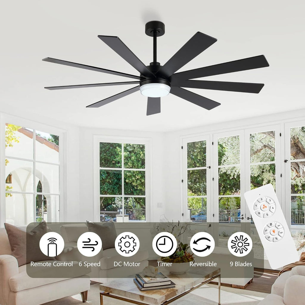 LEDLUX 72' Ceiling Fan with Light Black, 6-Speed Remote Control, Reversible DC Motor, Modern 9 Blades with 4.5'/12'/24' Downrods for Home or Commercial, Living Room/Restaurant