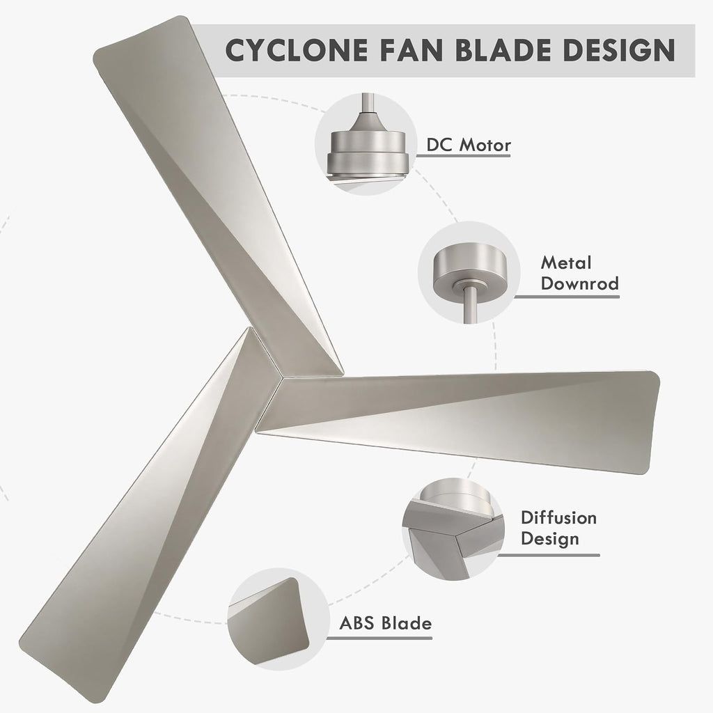 WINGBO 52' DC Ceiling Fan without Lights, Bruhsed Nickel Ceiling Fan with Remote, 3 ABS Plastic Blades, 6 Speed Reversible DC Motor, Ceiling Fans No Light for Kitchen Bedroom Living Room