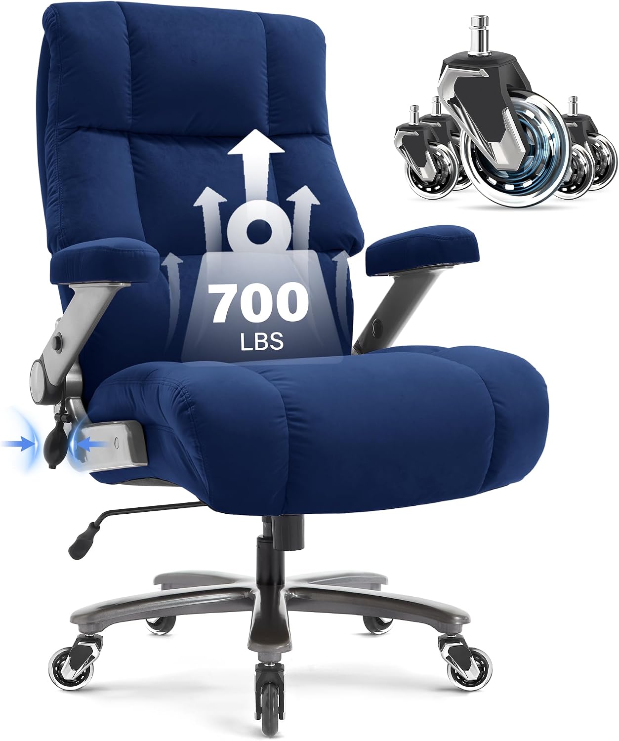 Big and Tall Office Chair 700lbs- Executive Desk Chair with Adjustable Lumbar Support 3D Flip UP Arms- Heavy Duty Quiet Wheels Metal Base Ergonomic Computer Chairs, Blue