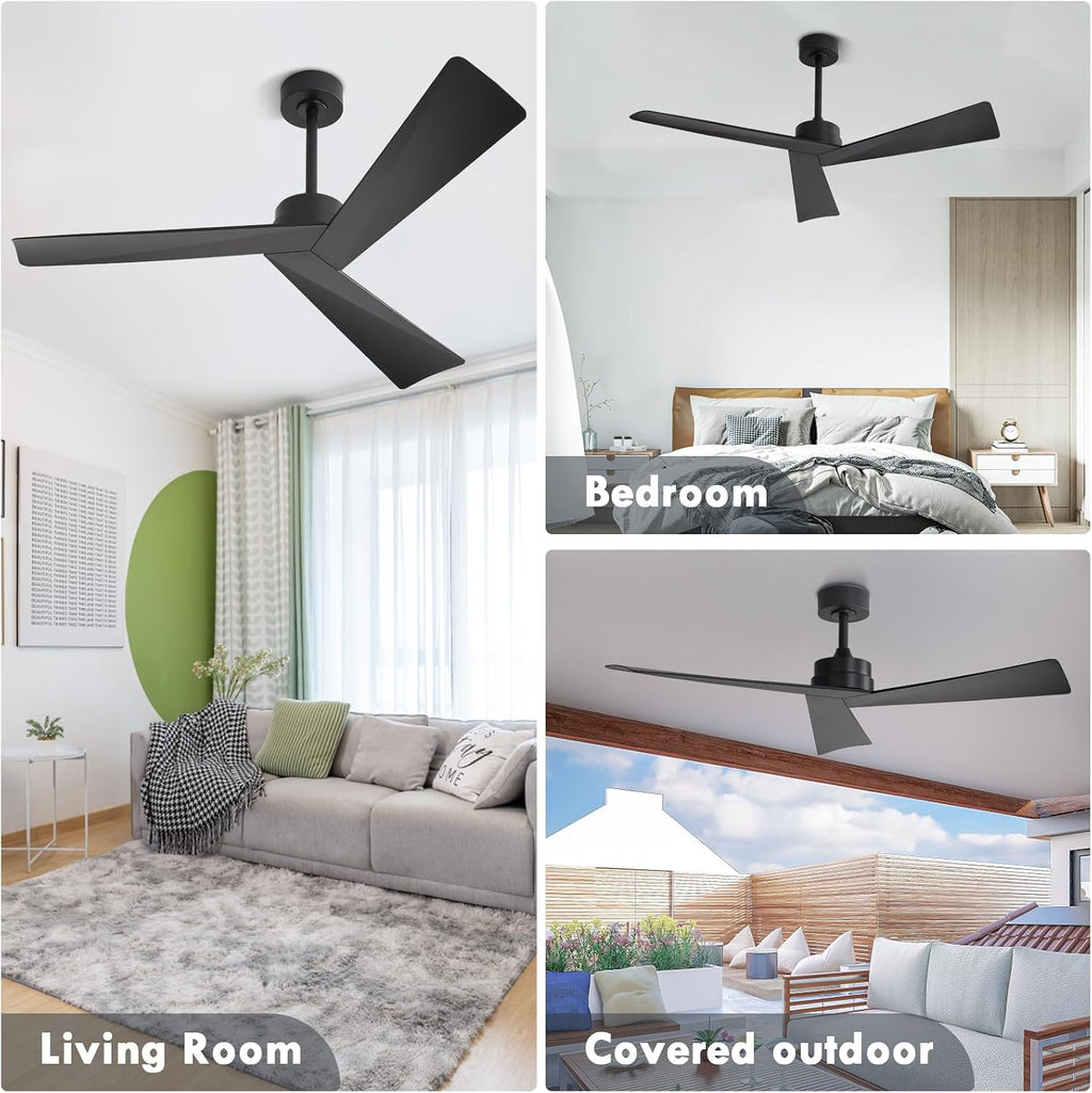 WINGBO 52' DC Ceiling Fan without Lights, Matte Black Ceiling Fan with Remote, 3 ABS Plastic Blades, 6 Speed Reversible DC Motor, Ceiling Fans No Light for Kitchen Bedroom Living Room