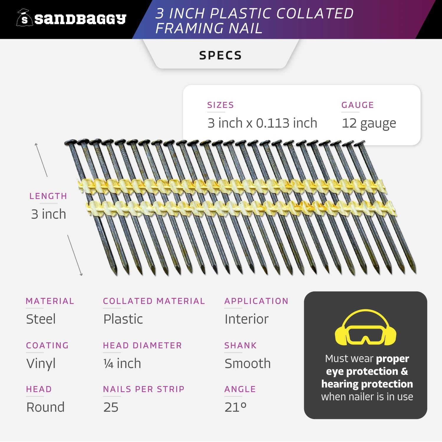 Sandbaggy 21 Degree Framing Nails (3 inch x 0.113 inch) - Plastic Strip Collated Nails - 1/4' Round Head, Smooth Shank, Vinyl Coated - 12 Gauge (22000)