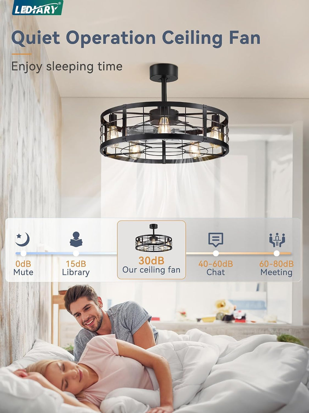 LEDIARY 26 inch Fandelier Caged Ceiling Fan with Light, Bladeless Ceiling Fan with Remote, Farmhouse Fan Lights Ceiling Fixtures for Kitchen, Bedroom, Outdoor(6 Speed, Timing)-Black