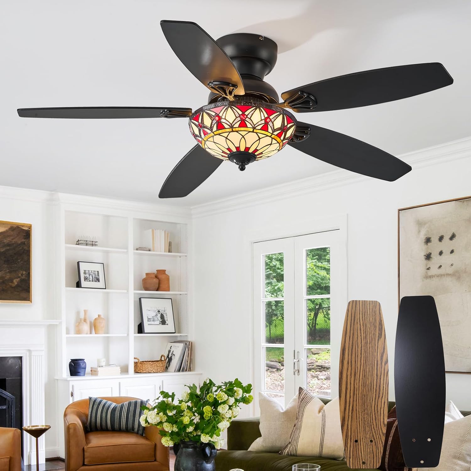 Tiffany Ceiling Fans with Lights - 48' Ceiling Fan Chandelier with 5 Dual-Blades and Glass Shade, 6 Speeds and Reversible, Indoor and Outdoor, Retro Style