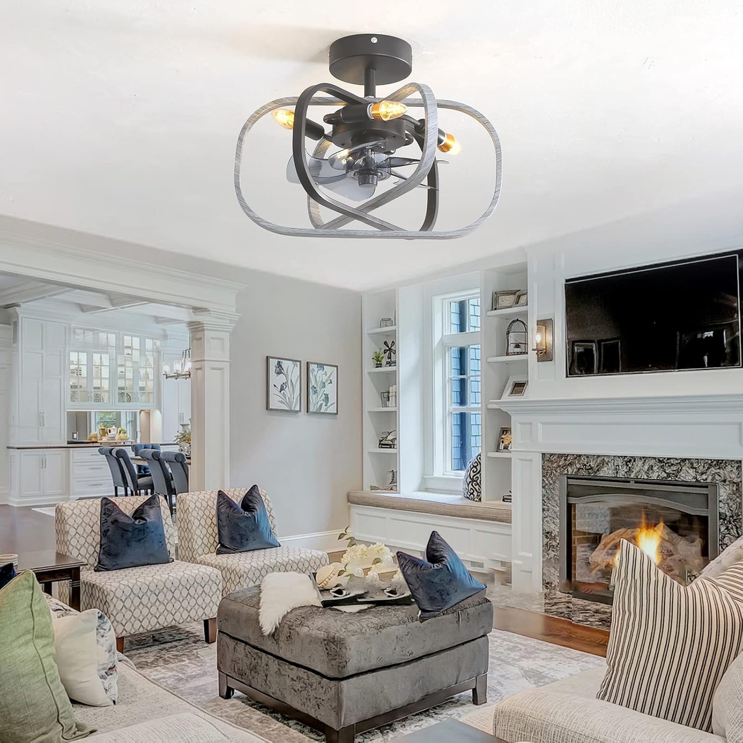Chandelier,Retro Ceiling Fans with Lights and Remote Metal Cage Fan Chandeliers Ceiling Light Quiet DC Reversible 6 Speed Industrial Ceiling Fan with Lighting Winter Summer Pattern