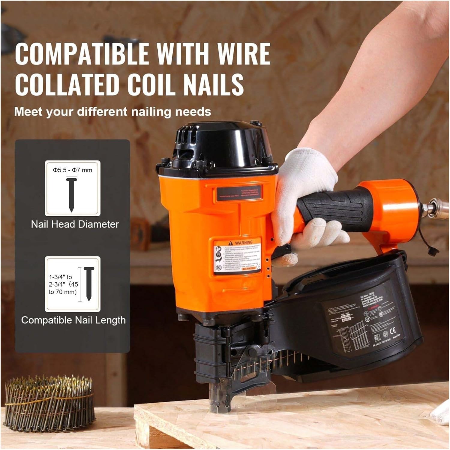 MCN70 Coil Siding Nailer, 15 Degree Pneumatic Nail Gun - 1-3/4 to 2-3/4 Inch Coil Nails for Siding, Fencing, Pallets & Woodworking