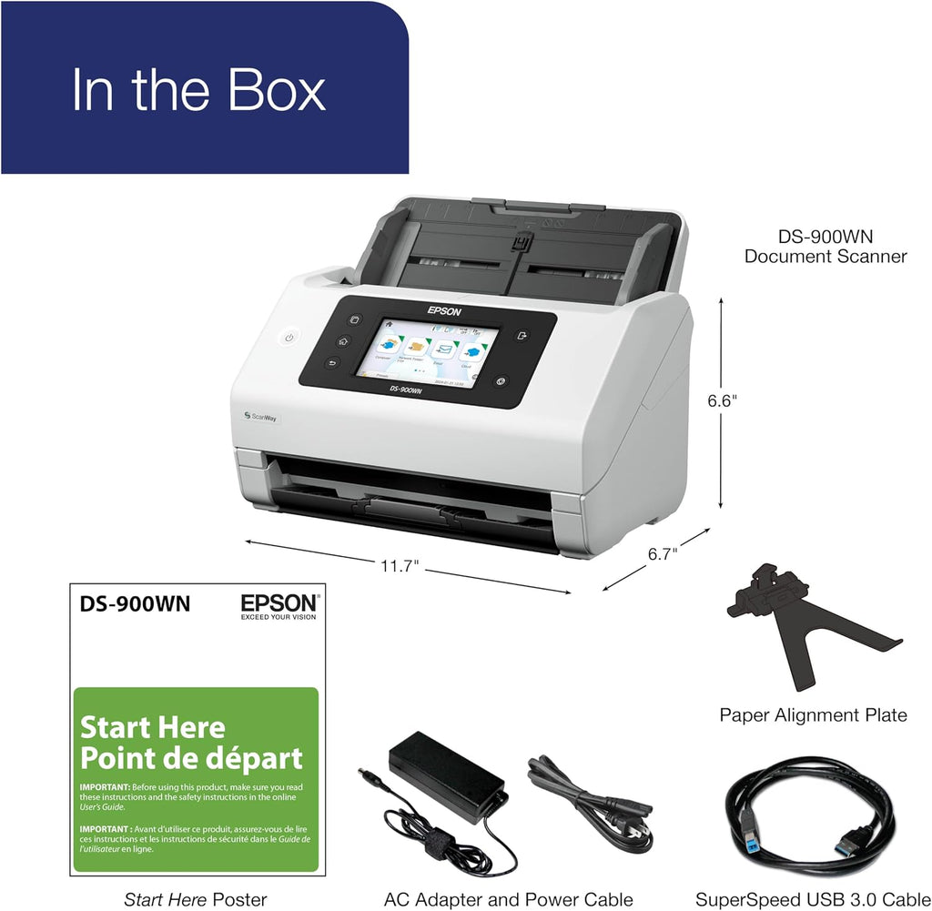 Epson DS-900WN EdgeLink High-Speed Wireless Network Color Document Scanner with Duplex Scanning Computer-Free Function, 100-page Auto Doc Feeder (ADF) and 4.3' Colorful Touchscreen