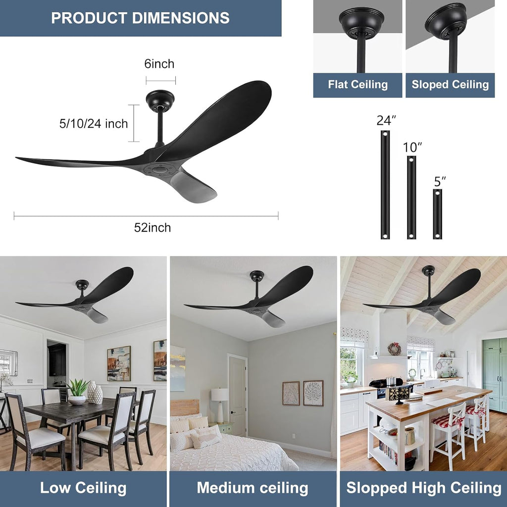 52'' Ceiling Fan No Light with Remote Control,Outdoor Ceiling Fan with DC Reversible and Silent Motor,3 Plastic Blades,Black Fan for Patios,Living Room,Bedroom
