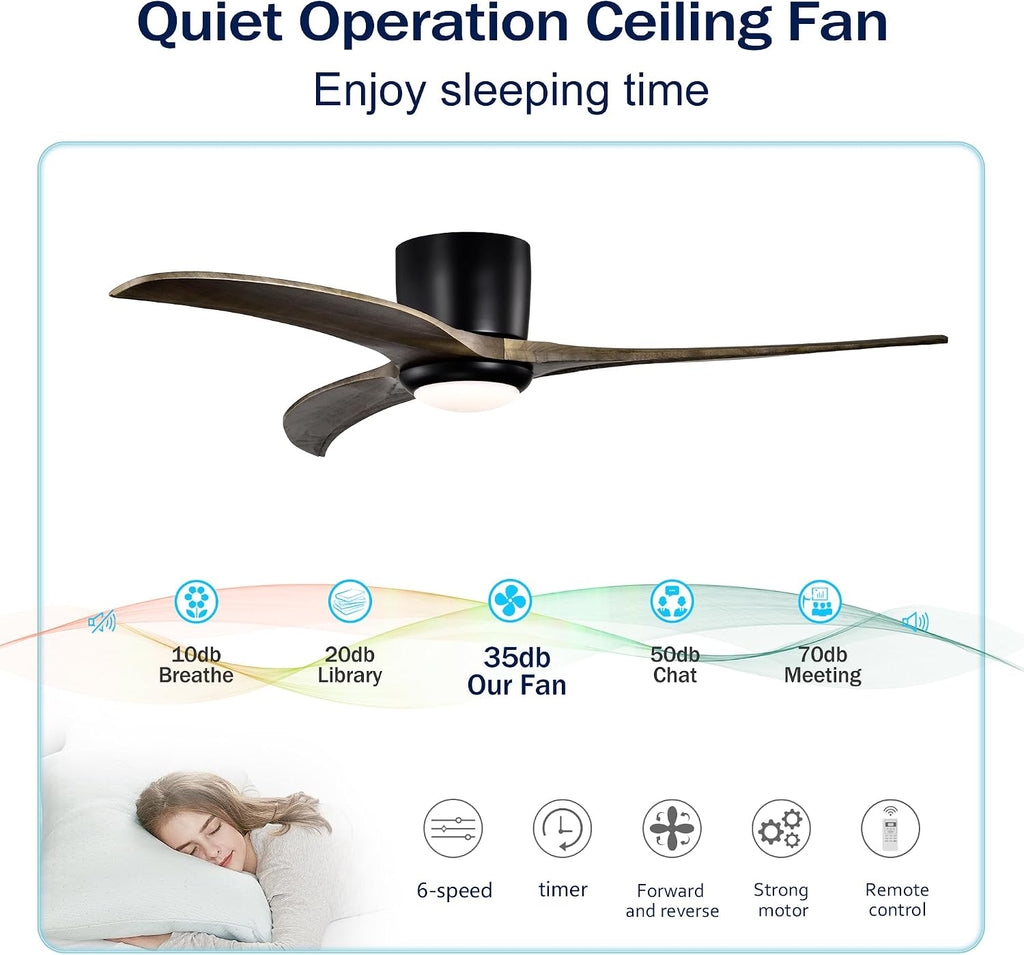 Ceiling Fans with Lights, 52 Inch Solid Wood Blades Ceiling Fan with Light and Remote Control, Noiseless Reversible Motor, 6 Speed, 3 Color Ceiling Fan for Patio Living Room, Bedroom,Indoor(Black)
