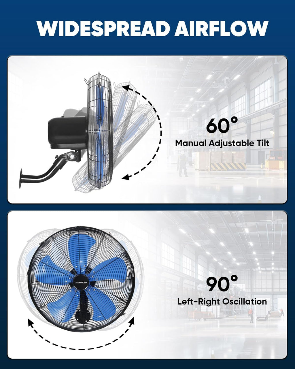 KEN BROWN 18 Inch 3-Speed High Velocity Industrial Oscillating Fan, Wall Mount Fan with Max. 4200 CFM, Seperated Switch and 5 Blades, Heavy Duty Metal for Household/Patio/Workshop, Blue