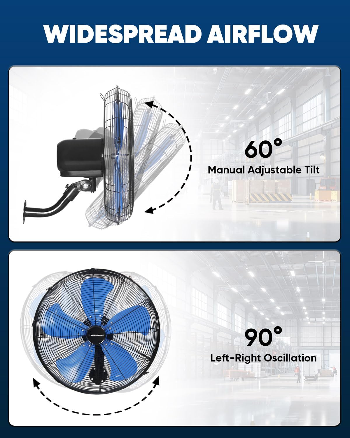 KEN BROWN 18 Inch 3-Speed High Velocity Industrial Oscillating Fan, Wall Mount Fan with Max. 4200 CFM, Seperated Switch and 5 Blades, Heavy Duty Metal for Household/Patio/Workshop, Blue