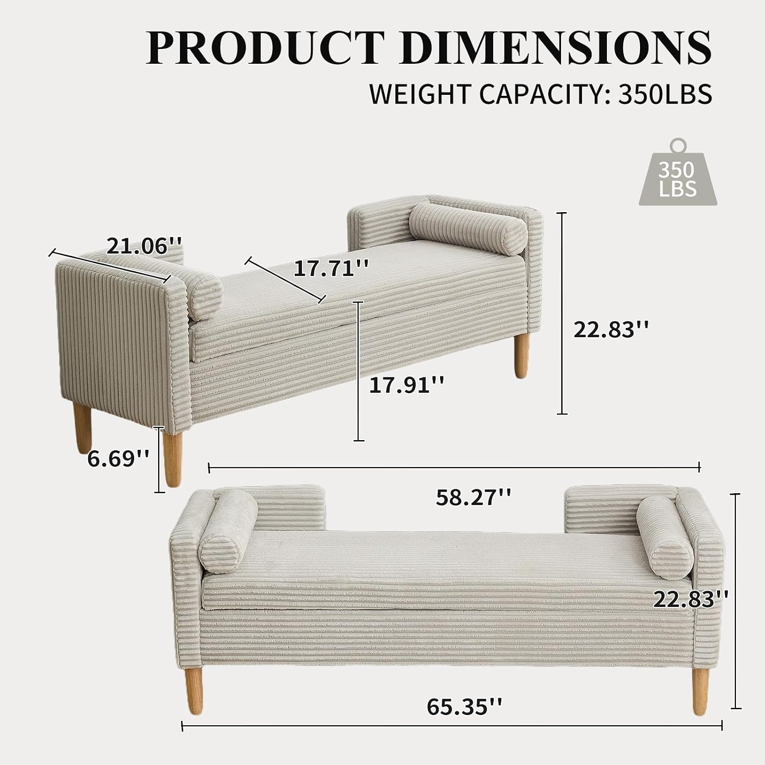 NIOIIKIT 65' Large Storage Ottoman Bench with 2 Pillows, Corduroy Upholstered Entryway Bench with Wood Leg, End of Bed Bench with Straight Armrest, Window Bench for Bedroom, Entryway (Light Grey)