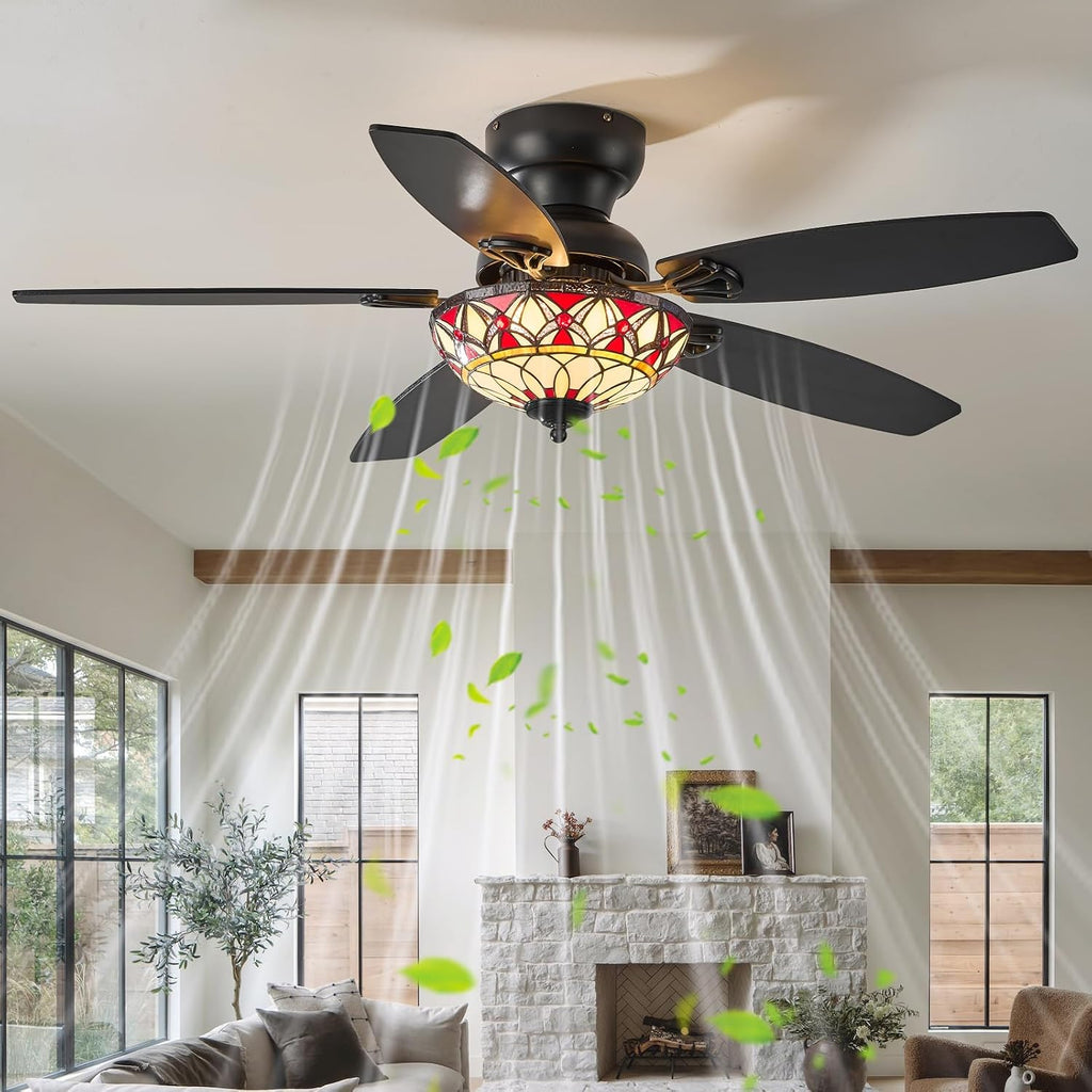 Tiffany Ceiling Fans with Lights - 48' Ceiling Fan Chandelier with 5 Dual-Blades and Glass Shade, 6 Speeds and Reversible, Indoor and Outdoor, Retro Style