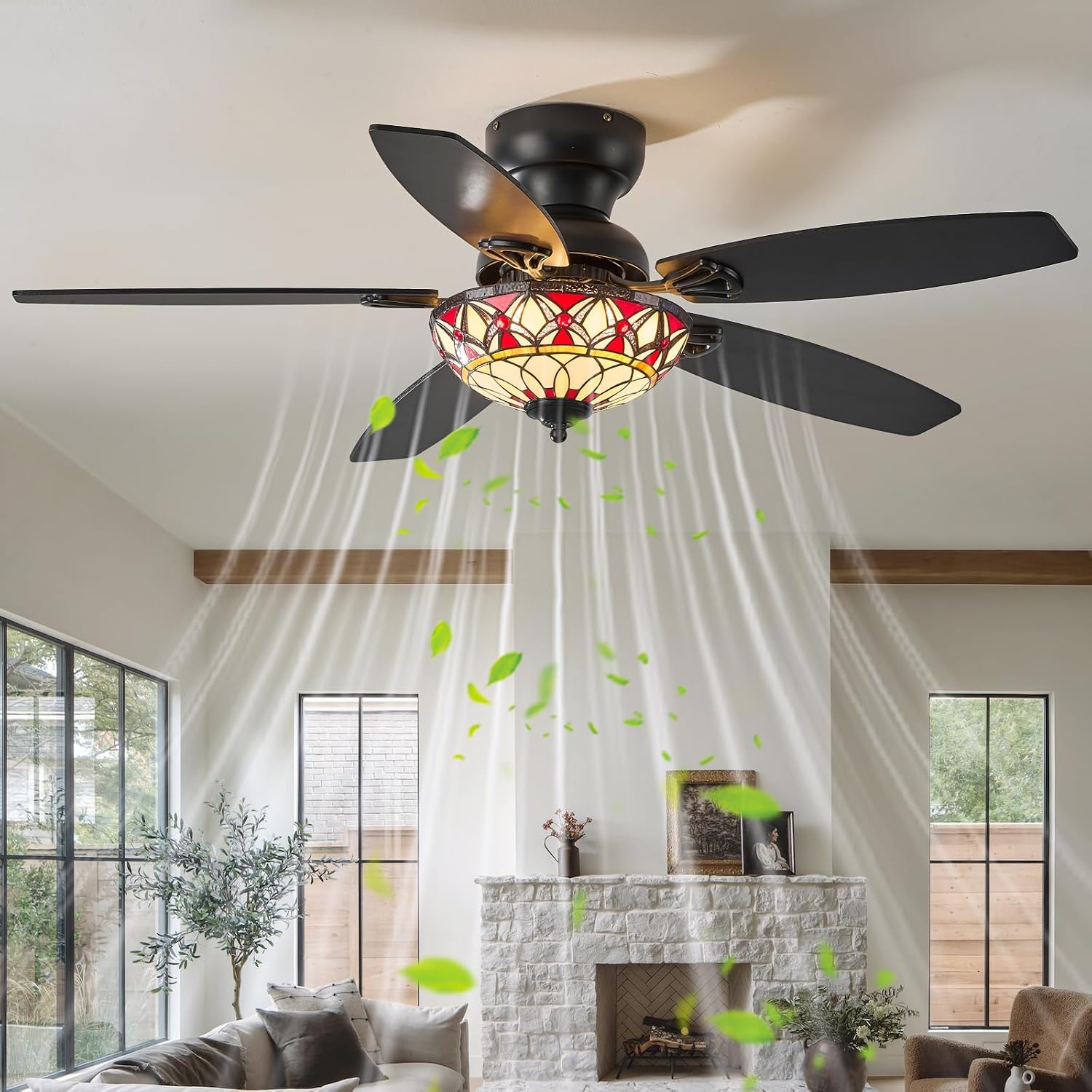 Tiffany Ceiling Fans with Lights - 48' Ceiling Fan Chandelier with 5 Dual-Blades and Glass Shade, 6 Speeds and Reversible, Indoor and Outdoor, Retro Style