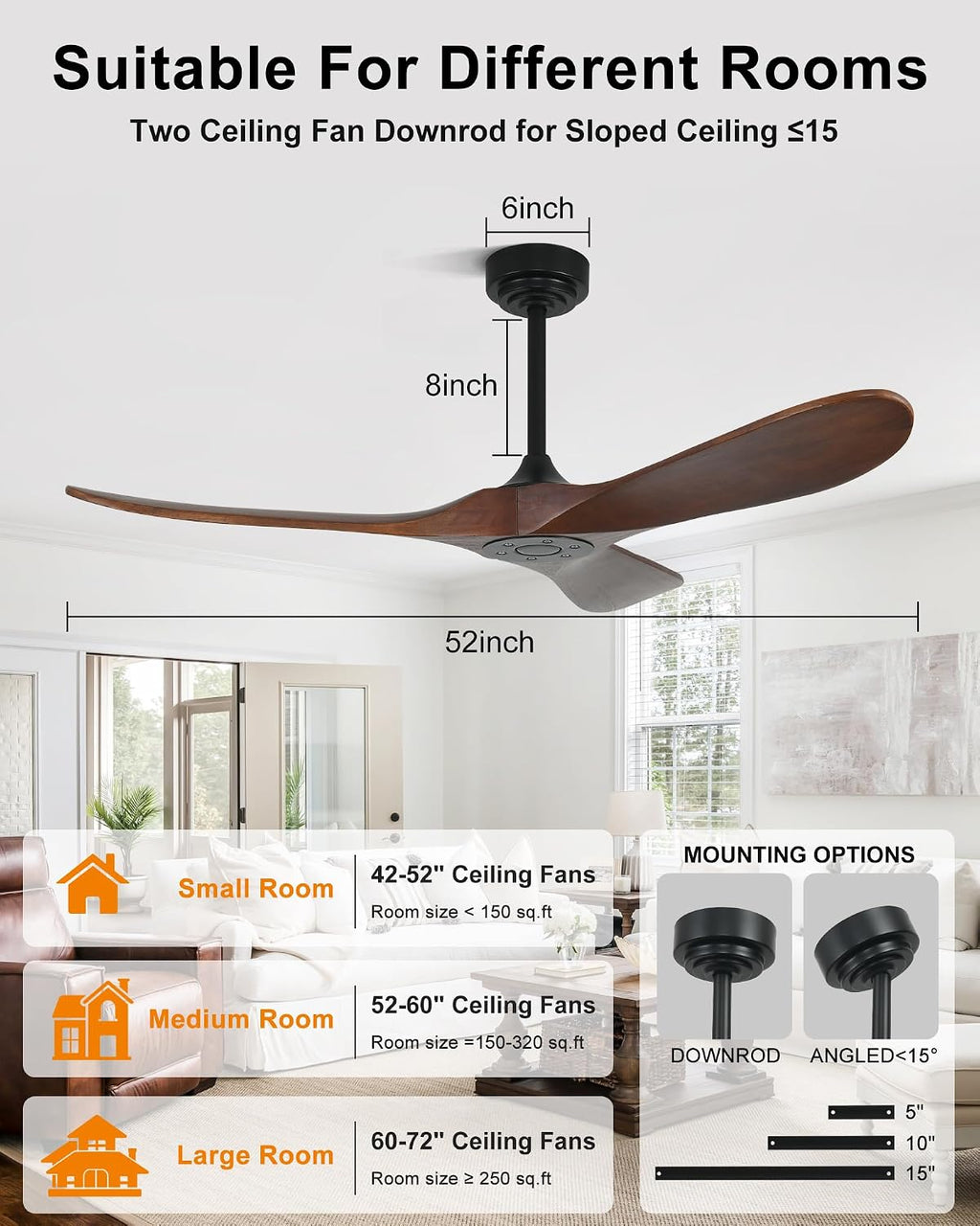 52 Inch Outdoor Ceiling Fan without Light, Smart Wood Ceiling Fan with Remote Control & Alexa/Google, 3 Blades High CFM for Patios Farmhouse Red Walnut