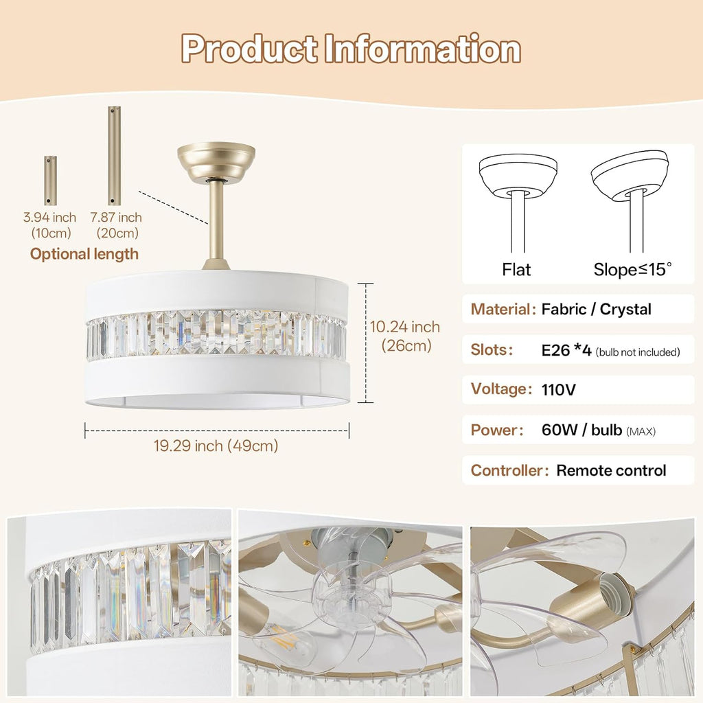 20' Gold Fandelier Ceiling Fan with Lights, Mid Century Gold Caged Ceiling Fans with Lights and Remote, Crystal with 6 Speeds for Bedroom, Living Room, Kitchen